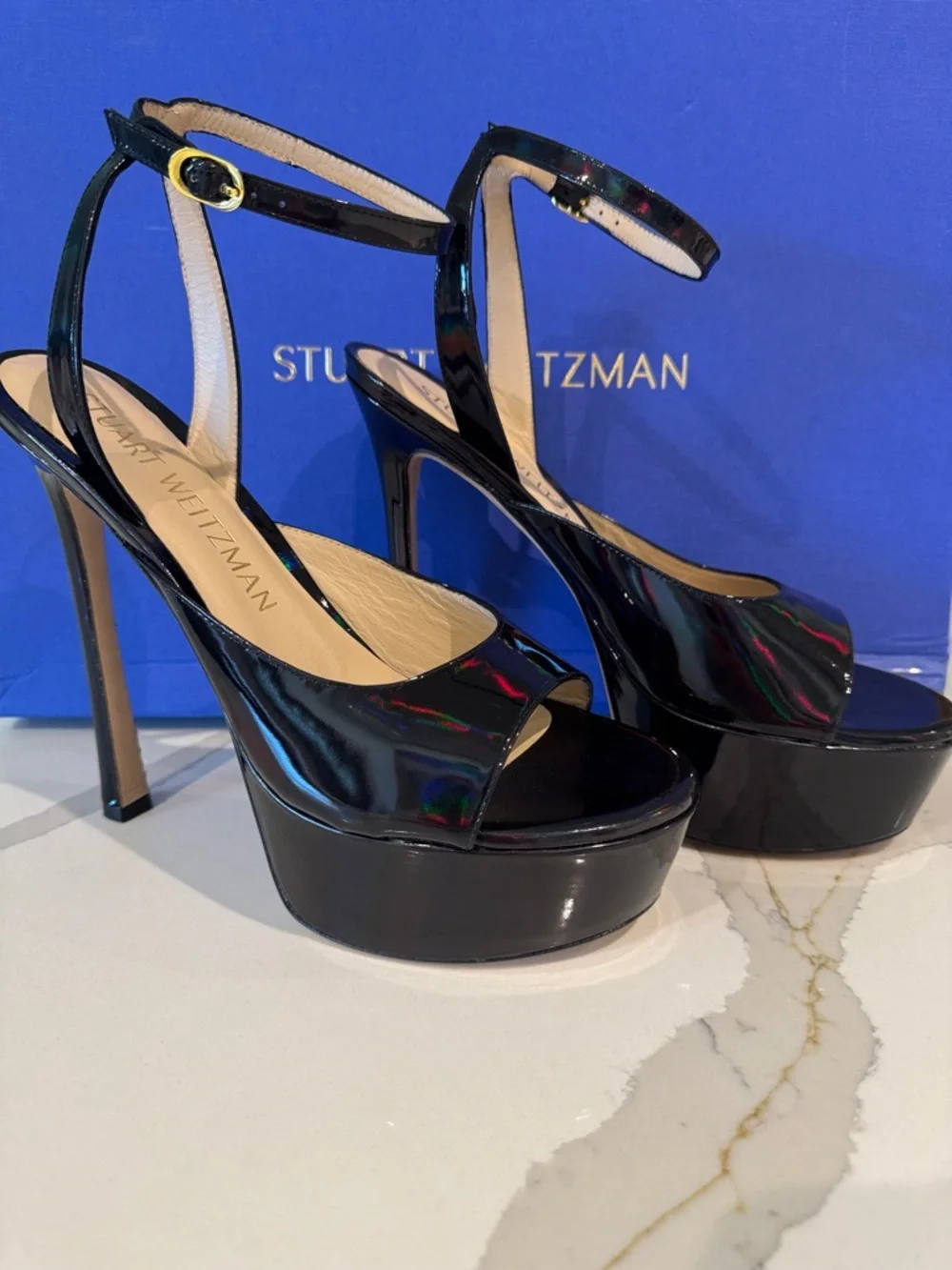Stuart Weitzman Black Patent Platform Peep-Toe Heels 11